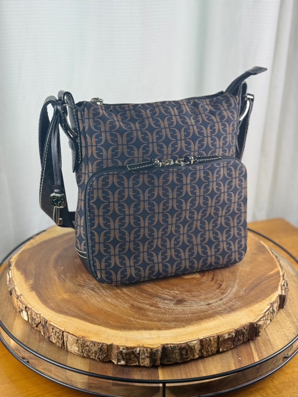 Fossil Canvas Crossbody Bag Black & Brown Logo Design-Amazing Organizer Pocket!